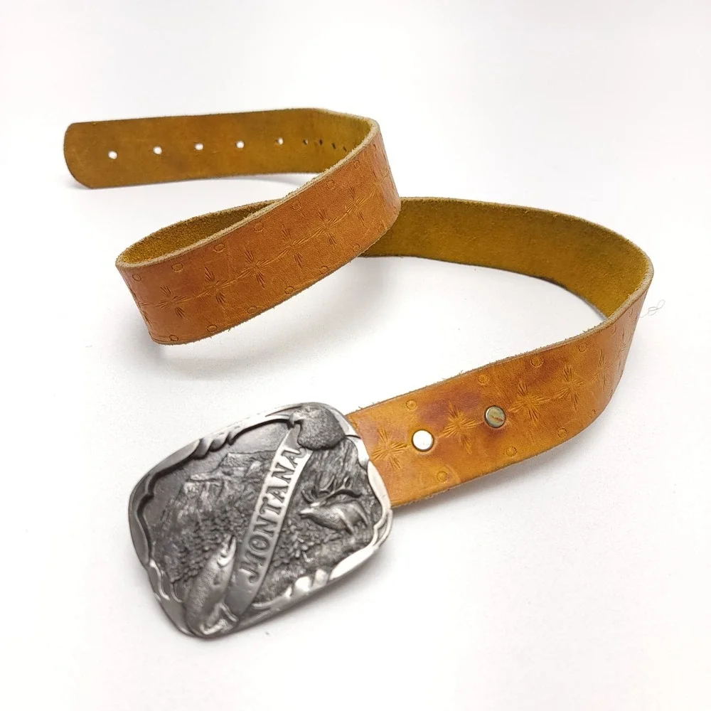 Montana Belt‎ Buckle Elk Fishing Hunting Eagle Leather Tooled Size 29-37 USA